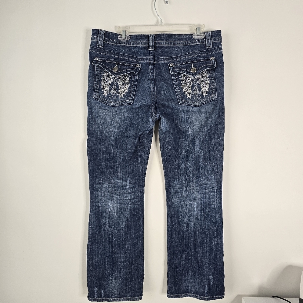 Harley Davidson Midrise Bootcut Distressed Denim Jeans Embroidered Pockets 14 - Picture 7 of 16